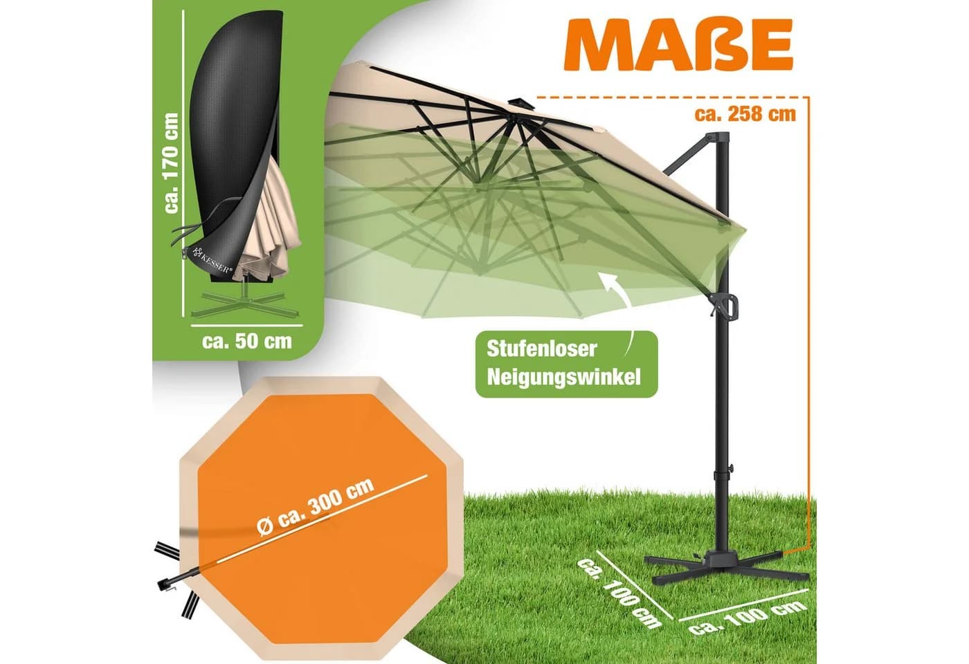 KESSER Sonnenschirm Ampelschirm XL Beige 360° Drehbar - Bild 2