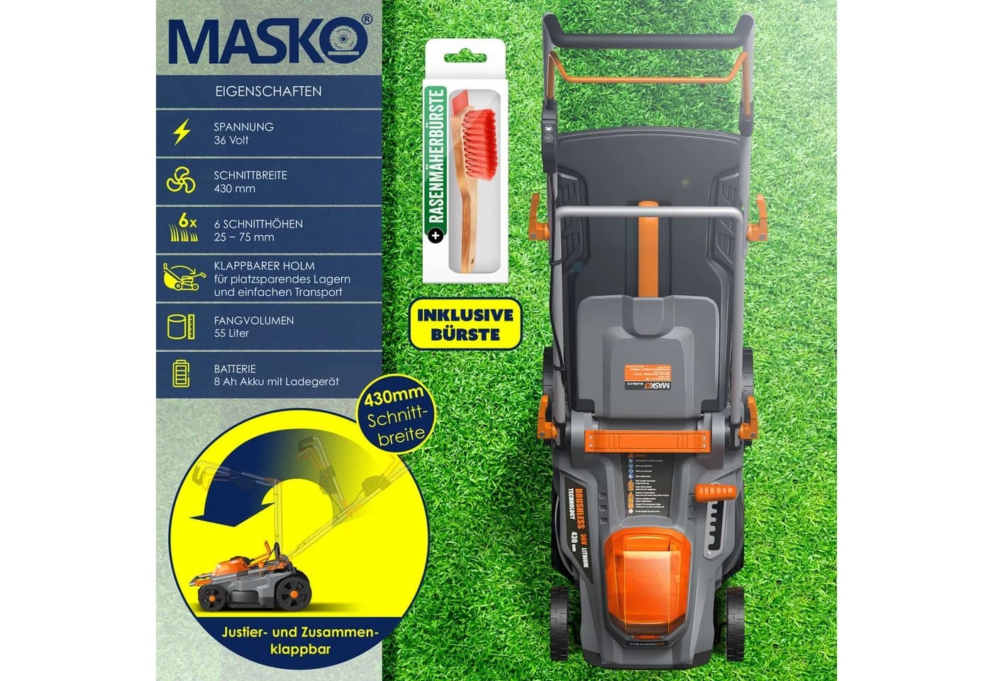 MASKO Akku-Rasenmäher ECO-X10 43cm Schnittbreite 2x 4,0Ah Akkus - Bild 2