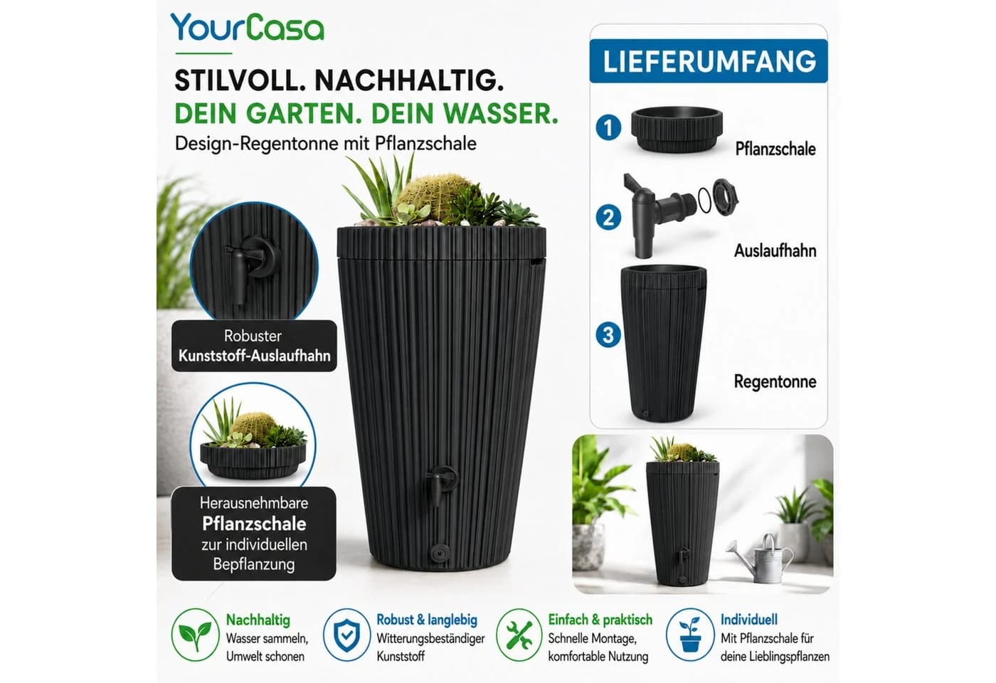 YourCasa Regentonne 210L Grau mit bepflanzbarem Deckel - Bild 3