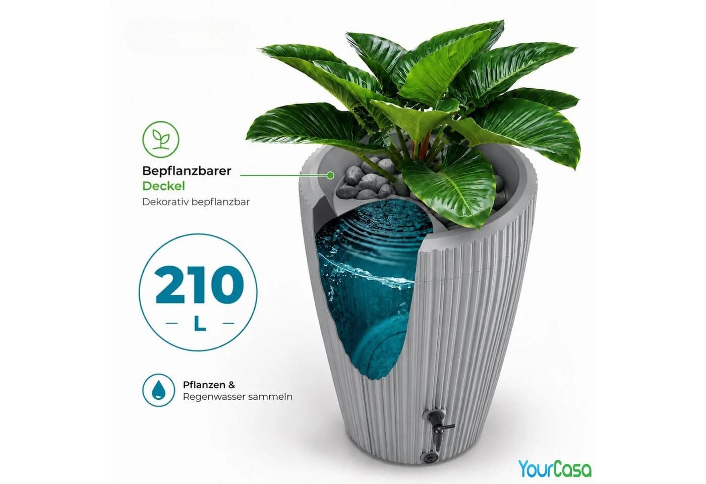 YourCasa Regentonne 210L Grau mit bepflanzbarem Deckel - Bild 4