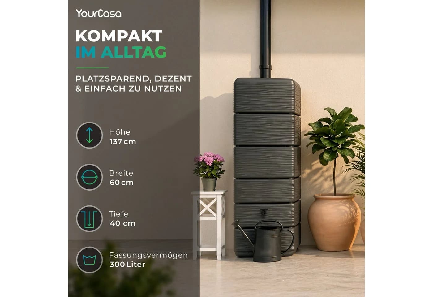 YourCasa Regentonne AquaWall 300 Liter Anthrazit mit Regensammler Set