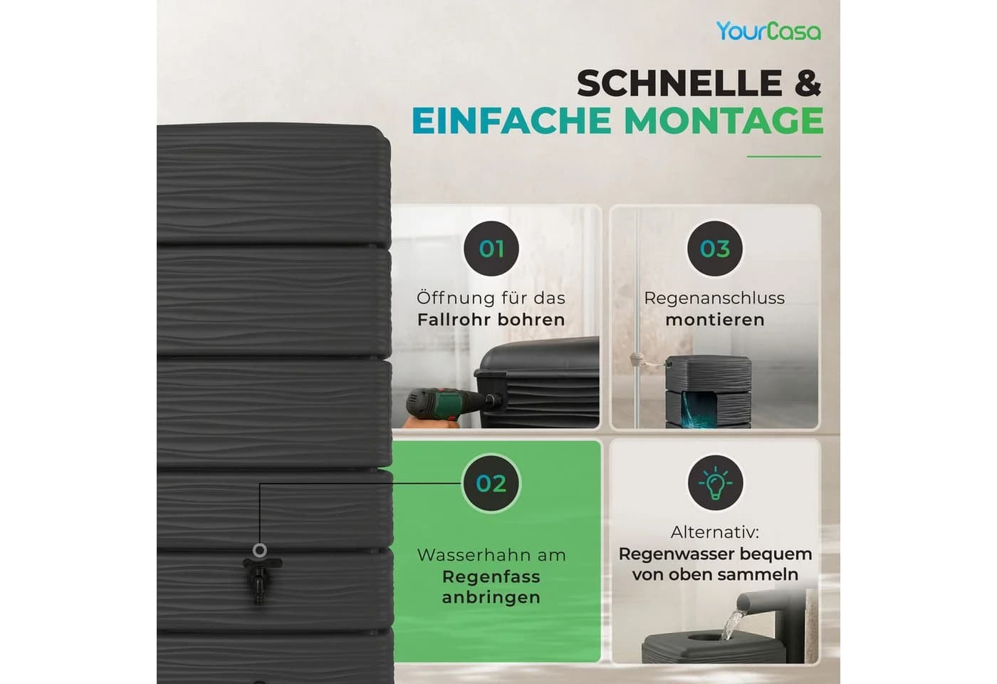 YourCasa Regentonne AquaWall 300 Liter Anthrazit mit Regensammler Set - Bild 5