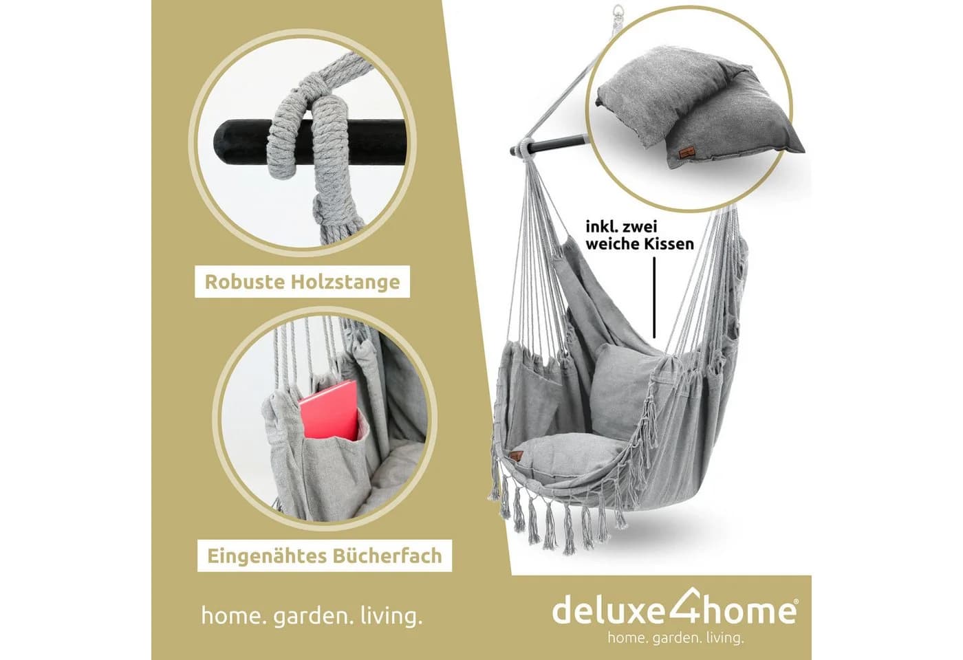 deluxe4home Hängesessel mit Kissen & Decke - Grau Indoor/Outdoor - Bild 3