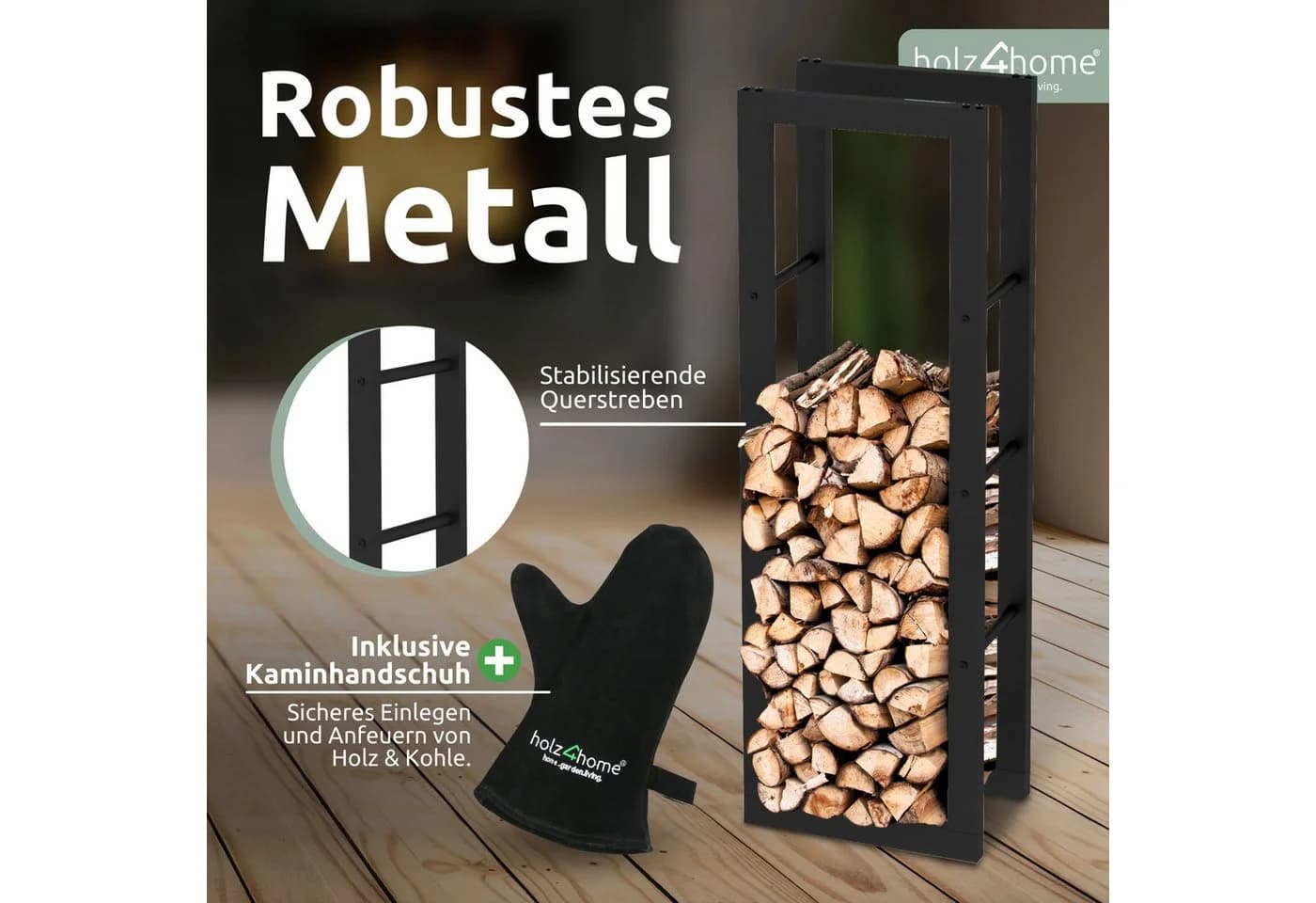 holz4home® Kaminholzregal Metall Schwarz mit Handschuh