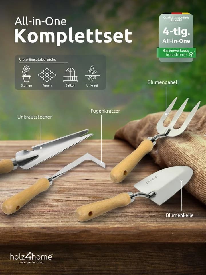 holz4home® Gartenpflege-Set 4-tlg. Edelstahl & Eschenholz
