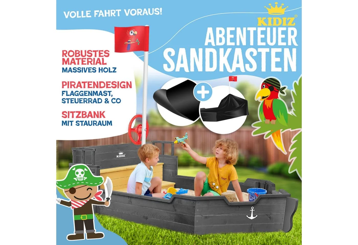 KIDIZ Sandkasten Piratenschiff Holz mit Sitzbank und Plane - Bild 2