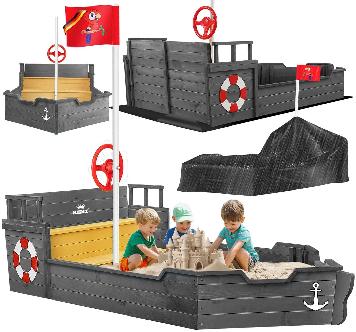 KIDIZ Sandkasten Piratenschiff Holz mit Sitzbank und Plane - Bild 3