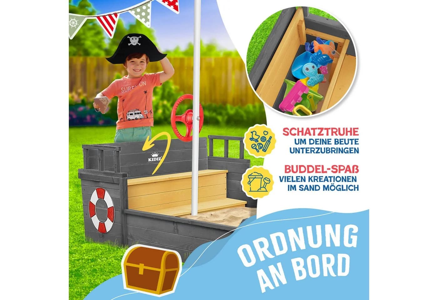 KIDIZ Sandkasten Piratenschiff Holz mit Sitzbank und Plane - Bild 4