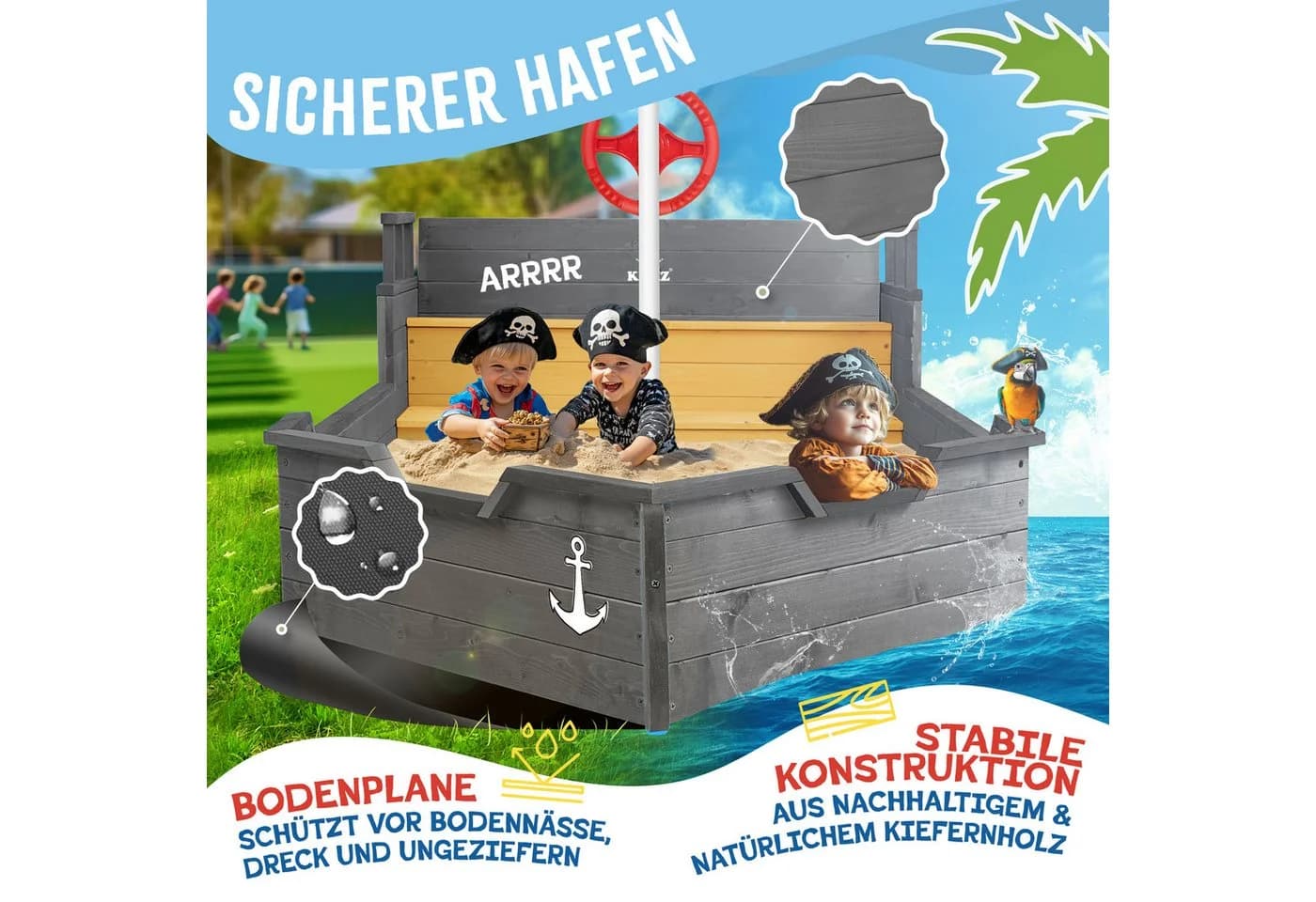 KIDIZ Sandkasten Piratenschiff Holz mit Sitzbank und Plane - Bild 5