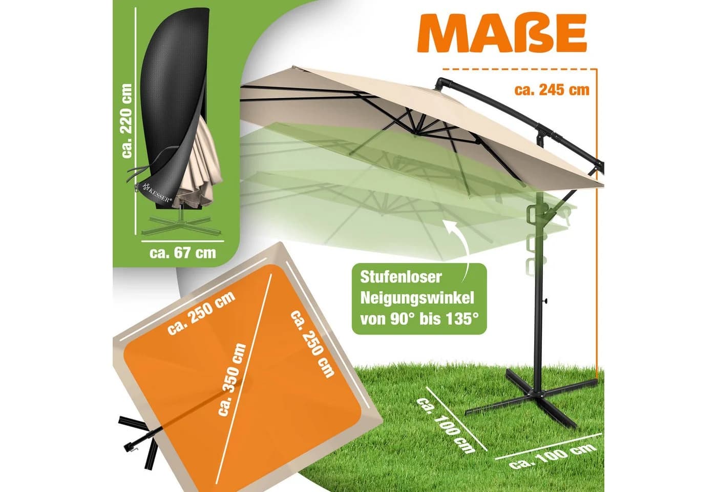 KESSER Ampelschirm Holly Beige Aluminium mit Kurbel und UV-Schutz - Bild 2