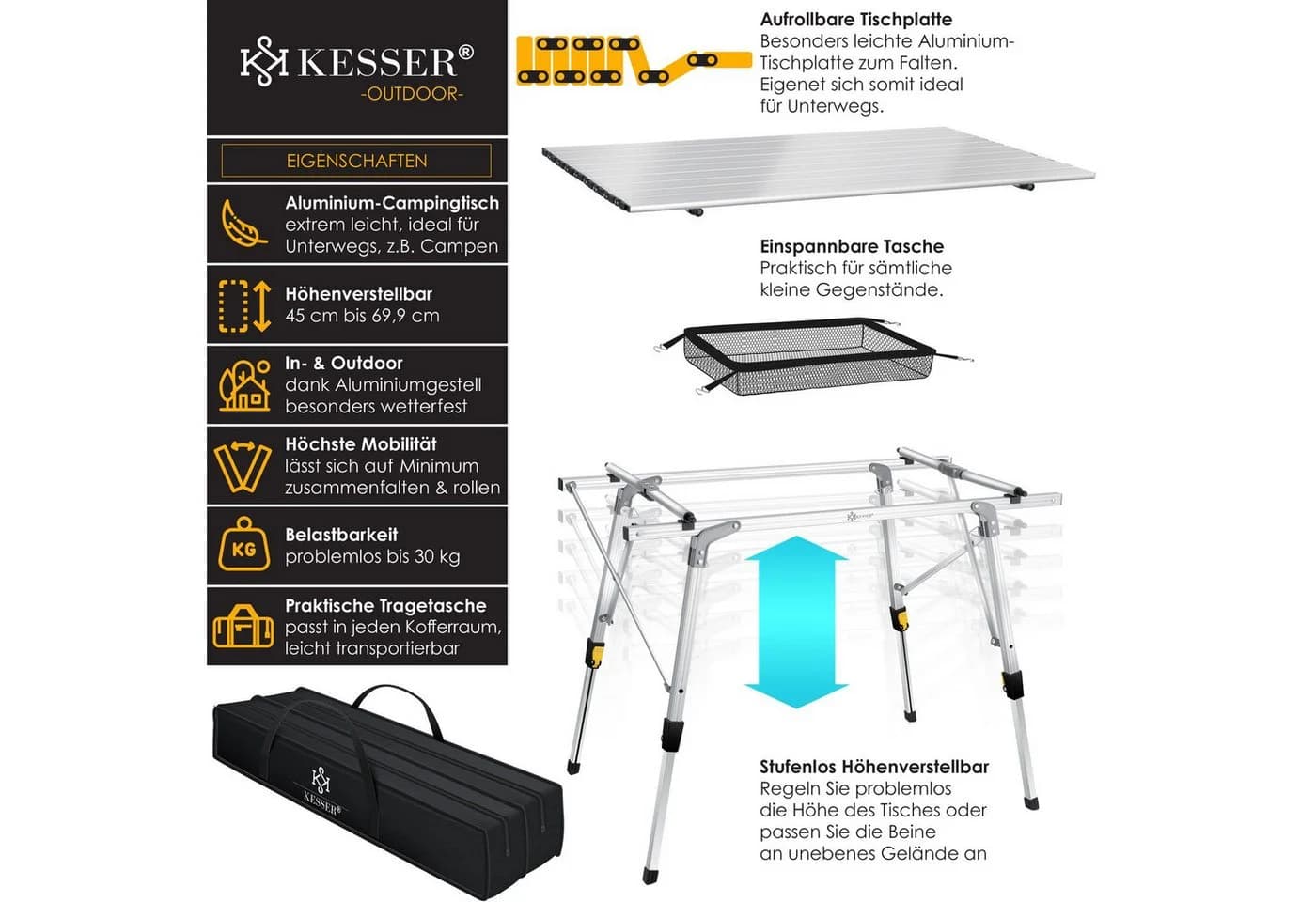 KESSER Campingtisch Aluminium Höhenverstellbar Faltbar mit Tragetasche - Bild 2