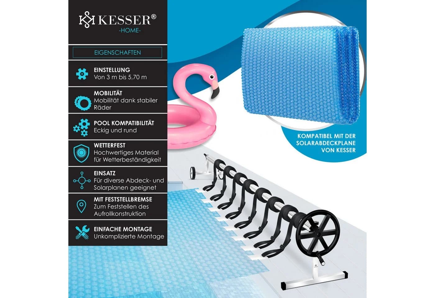 KESSER® Pool Aufroller Premium Aufrollsystem 3m - 5,70m Mit Rädern für Solarplane - Bild 2