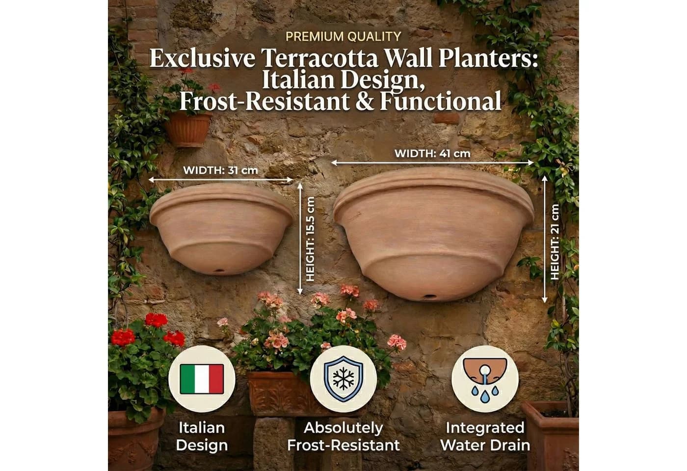 Teramico Blumentopf Wandhänger Terrakotta 41cm Frostfest - Bild 4