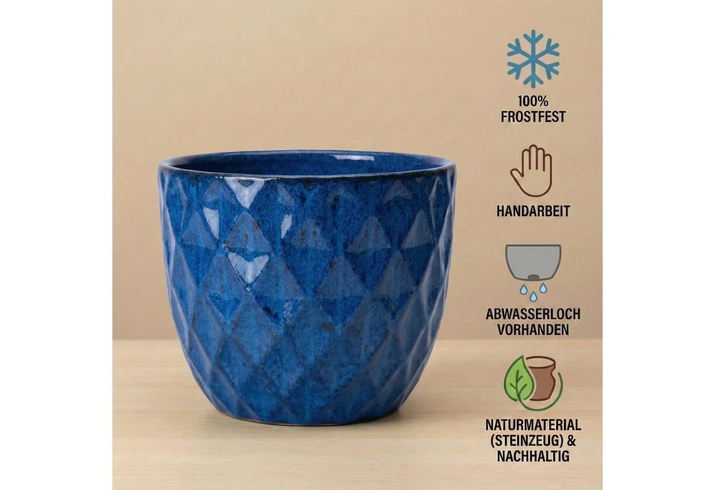 Teramico Blumentopf "Diamant" Royal Blau Glasiert Frostfest - Bild 5