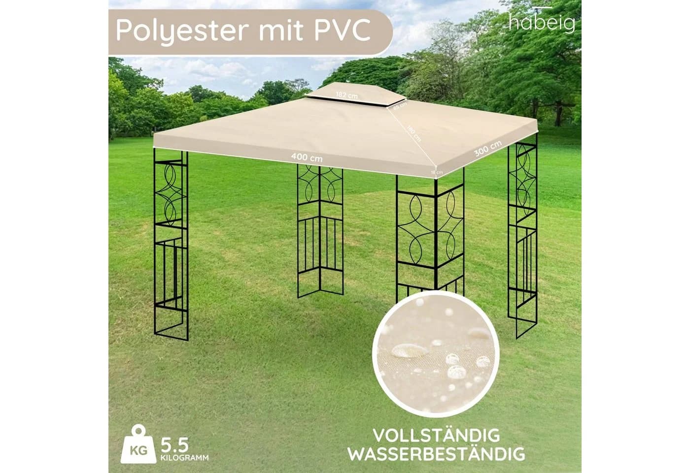 habeig Pavillon-Ersatzdach 3x4m Beige PVC Wasserdicht