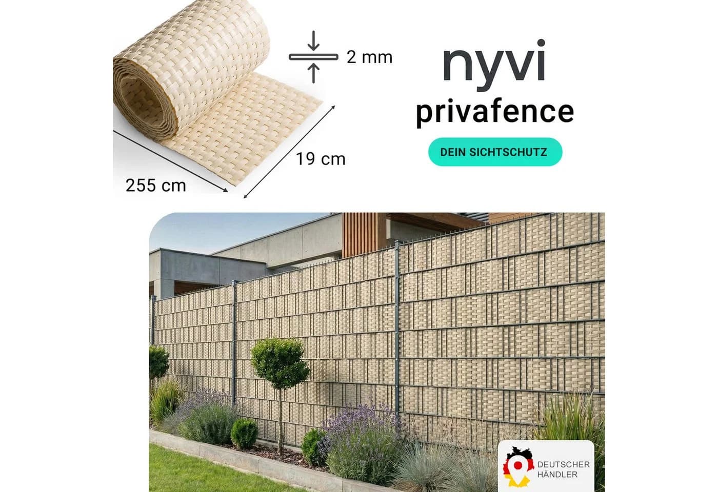 NYVI Sichtschutzstreifen Privafence 255x19 cm Beige HDPE 3D Optik - Bild 2