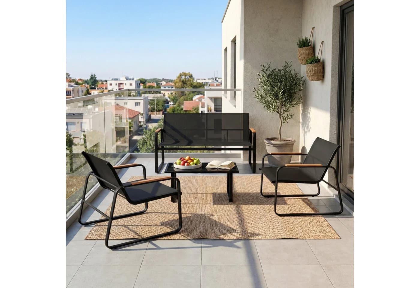 Mondeer Balkonset Gartenmöbel Set 4-tlg Schwarz Mesh-Gewebe