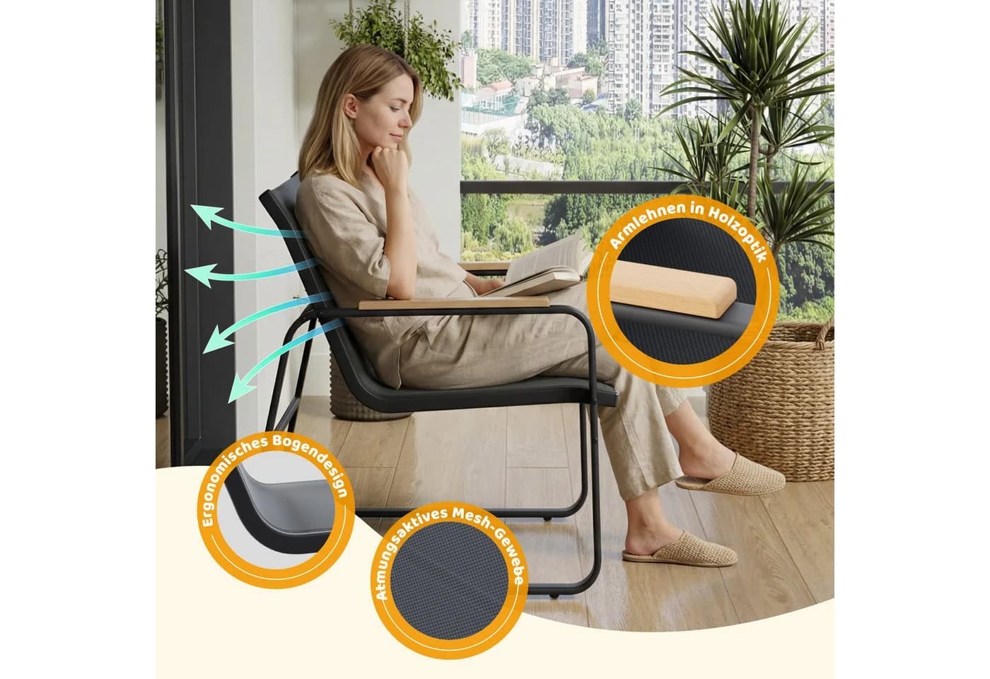 Mondeer Balkonset Gartenmöbel Set 4-tlg Schwarz Mesh-Gewebe - Bild 5