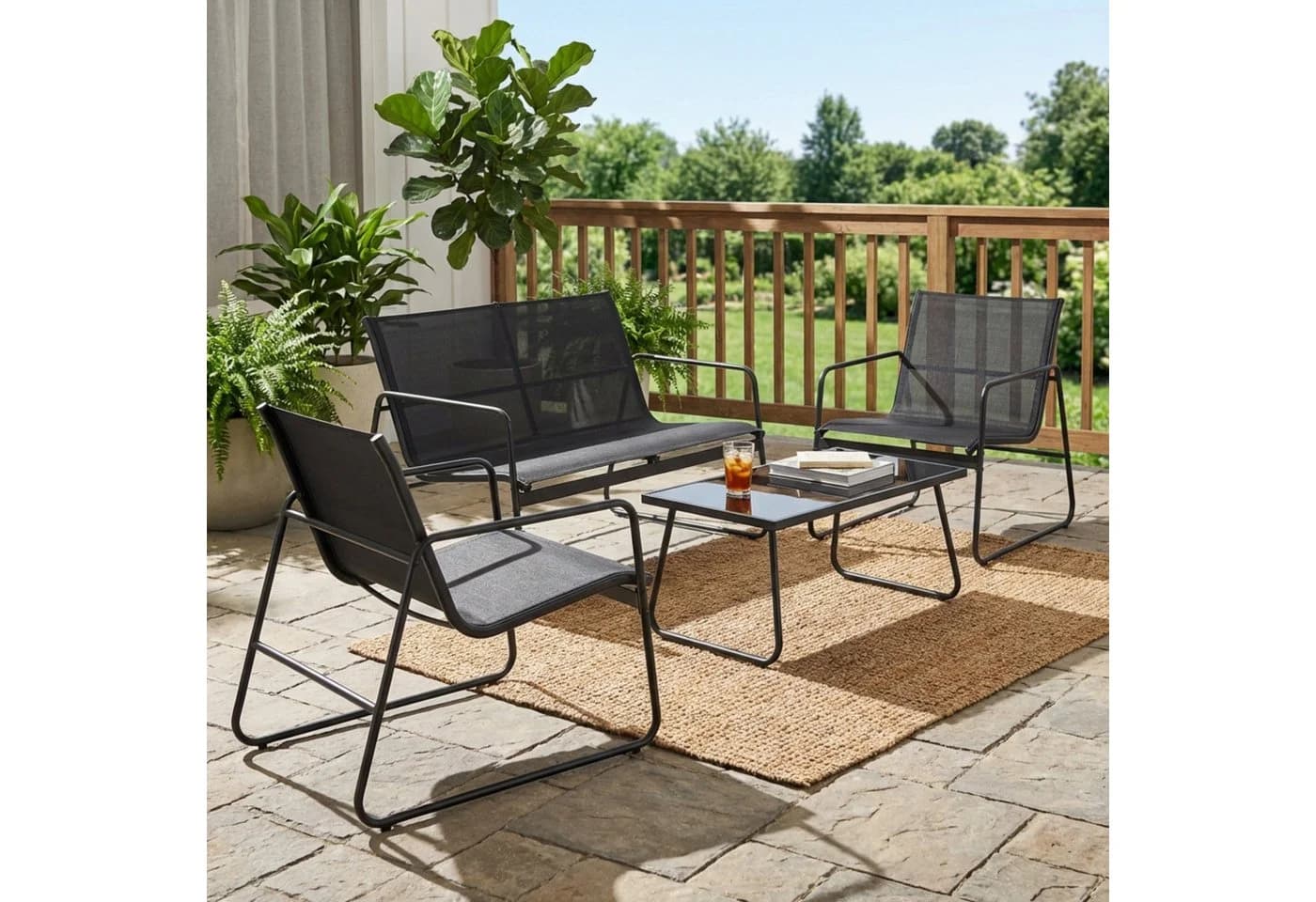 Mondeer Balkonset Gartenmöbel Set 4-tlg Schwarz/Beige