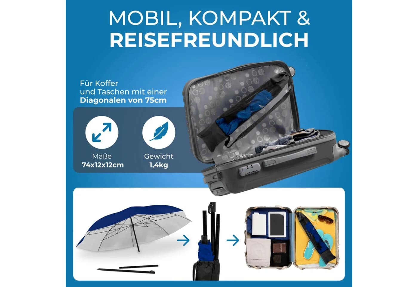 Styngard Reise-Sonnenschirm Nizza Blau UV50+ Faltbar - Bild 3