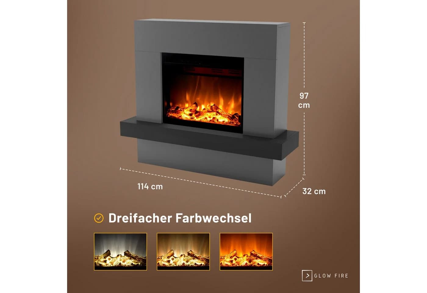 GLOW FIRE Elektrokamin PANDORA Grau/Weiß mit Heizung & LED-Flammeneffekt - Bild 4