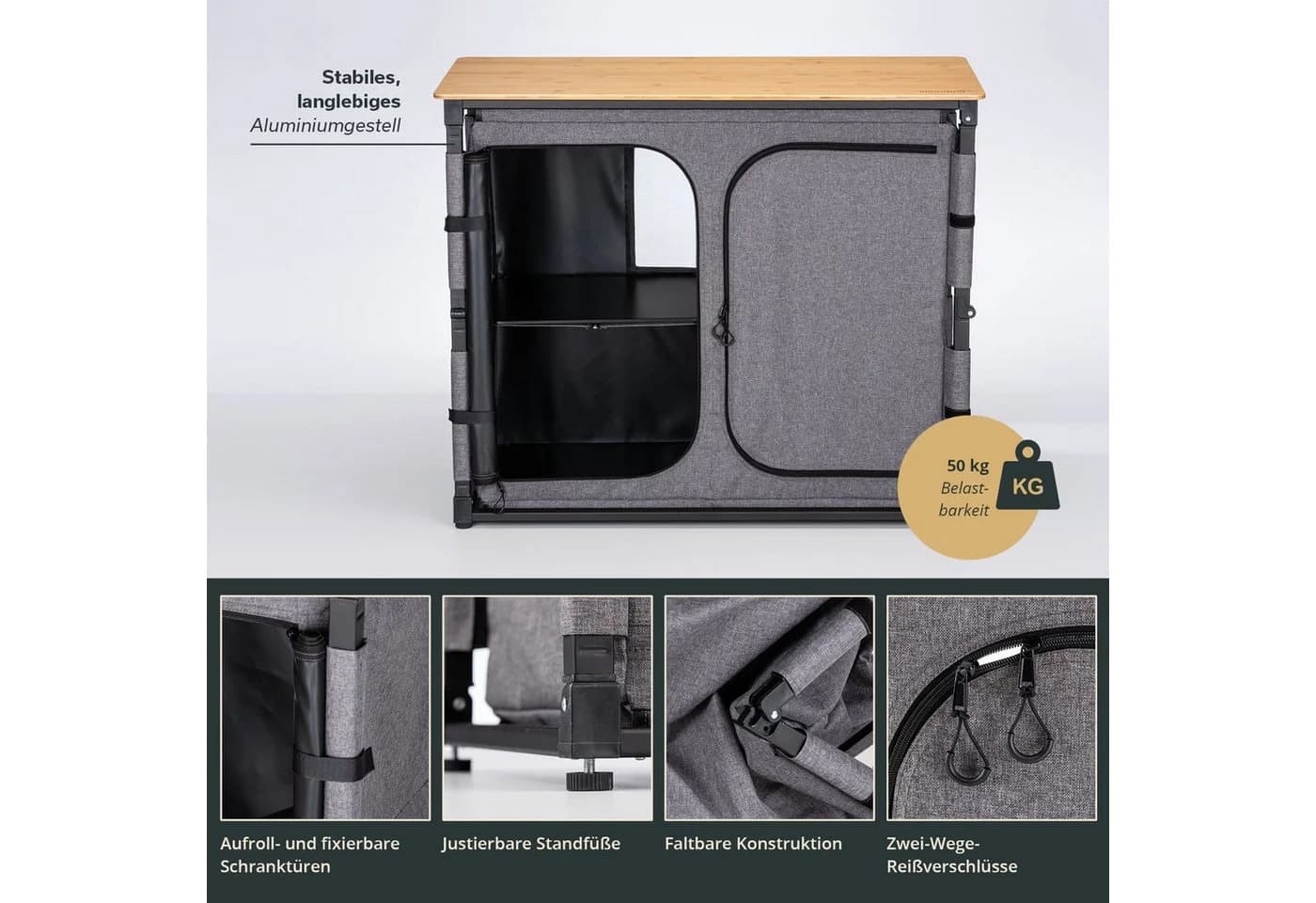 Skandika Campingschrank Triabo Bambus Arbeitsplatte Klappbar Schwarz - Bild 5