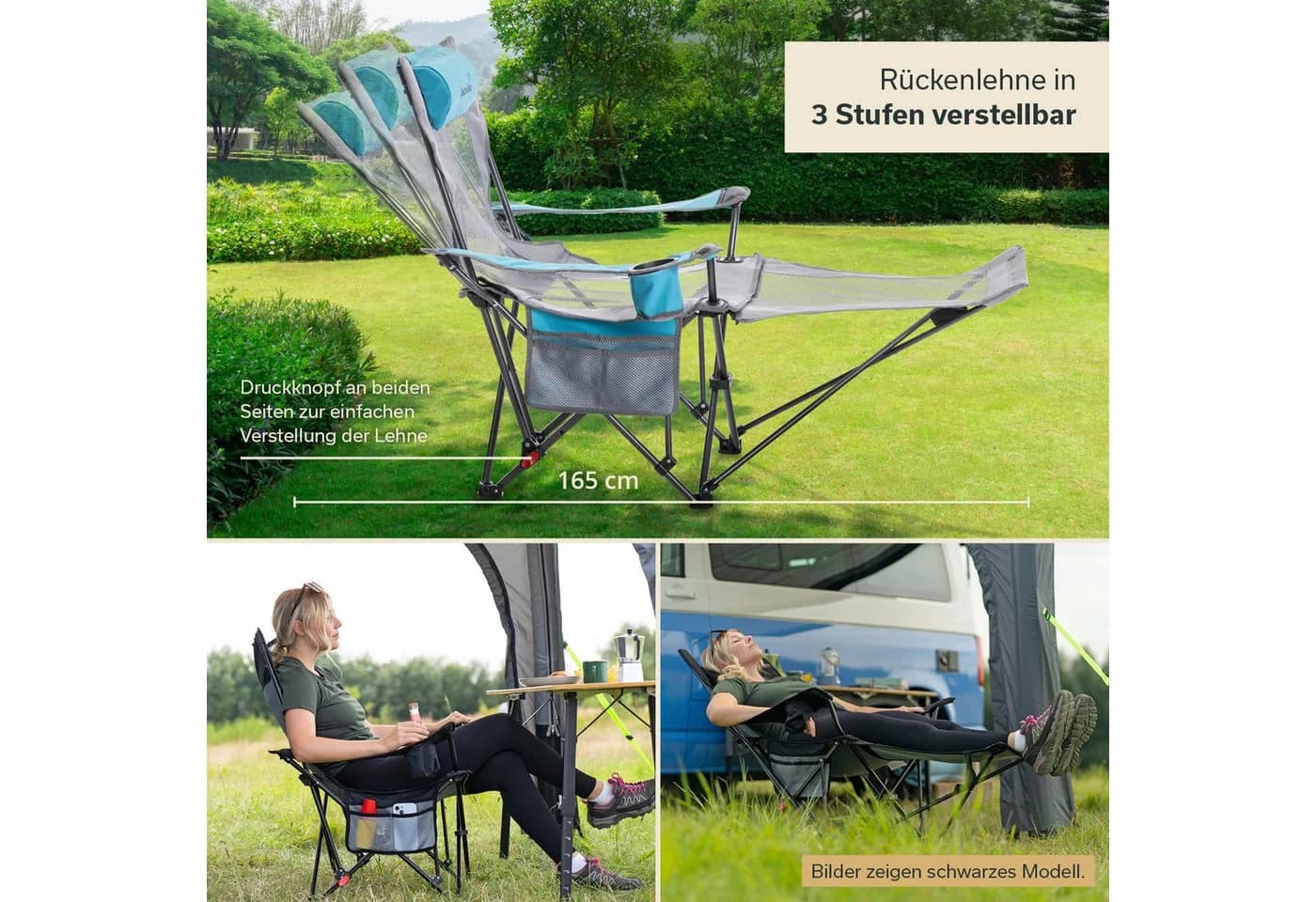 Skandika Campingstuhl Toras grau/blau mit Fußablage & Kopfkissen