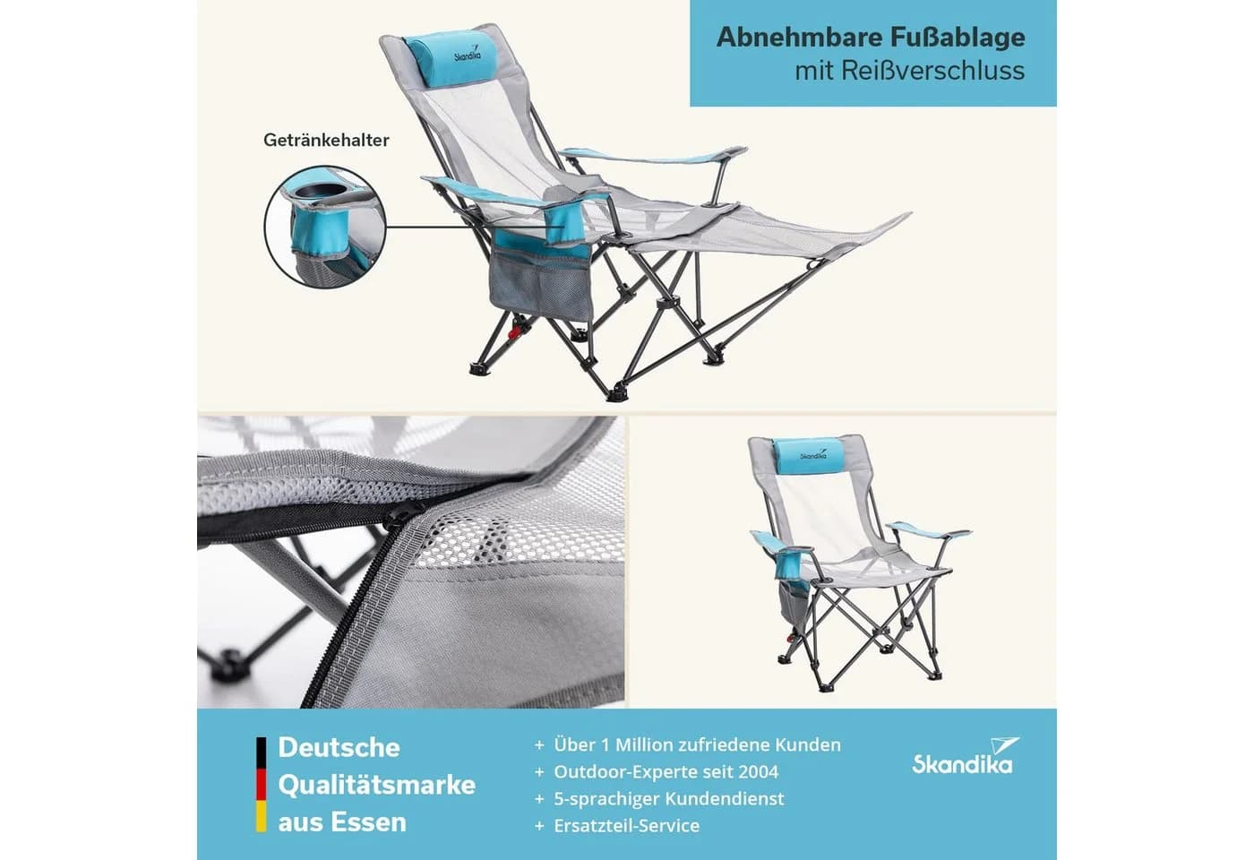 Skandika Campingstuhl Toras grau/blau mit Fußablage & Kopfkissen - Bild 3