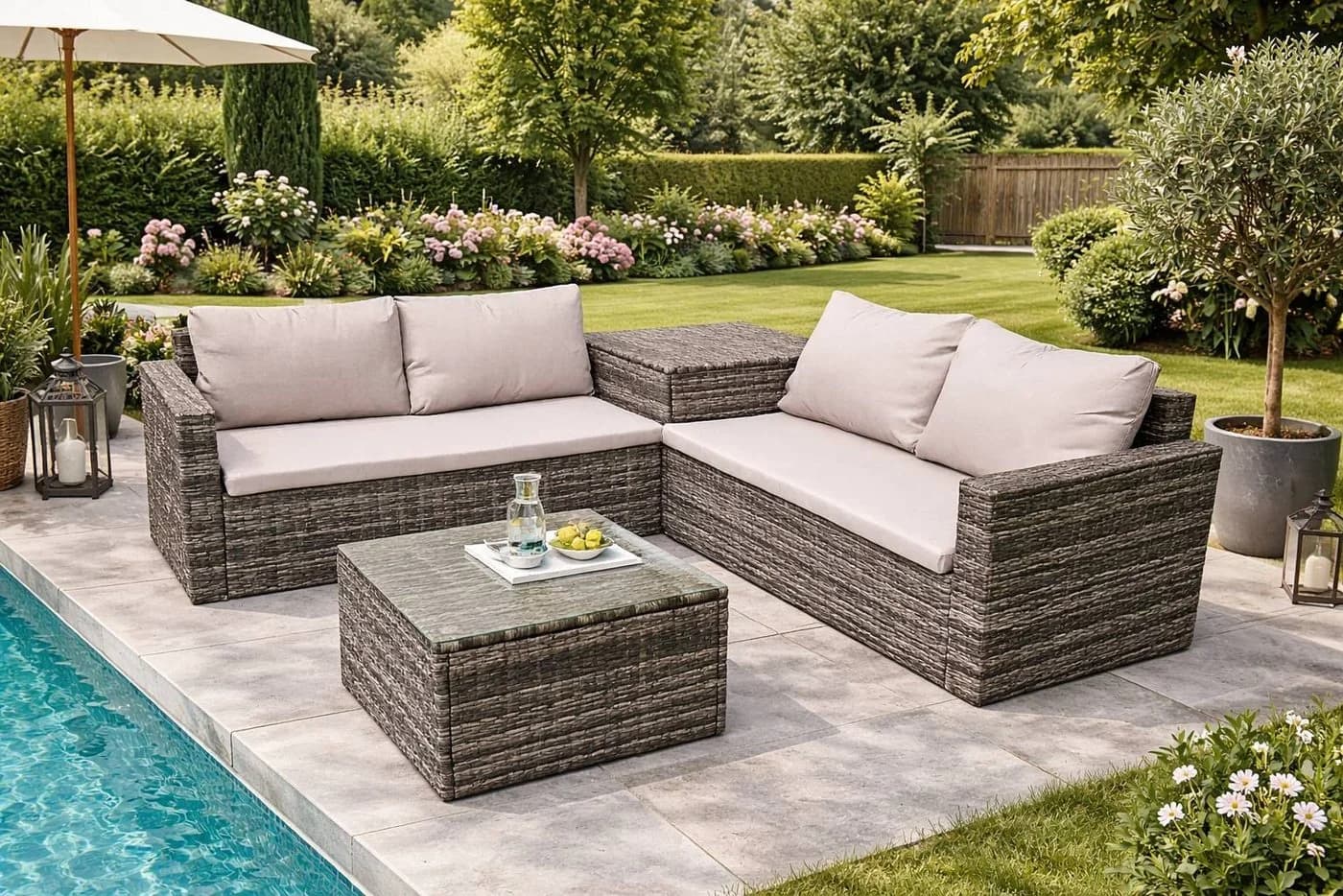 TEICO GROUP Gartenlounge-Set Polyrattan Beige mit Kissenbox