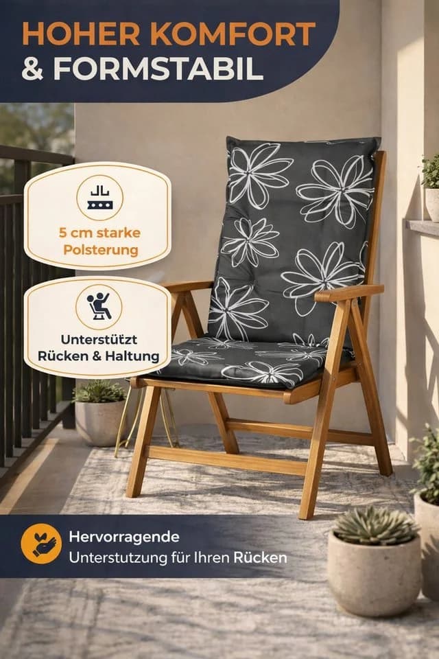 Waidmeister Hochlehnerauflage Naxos Schwarz - Premium Gartenstuhl-Polster - Bild 3