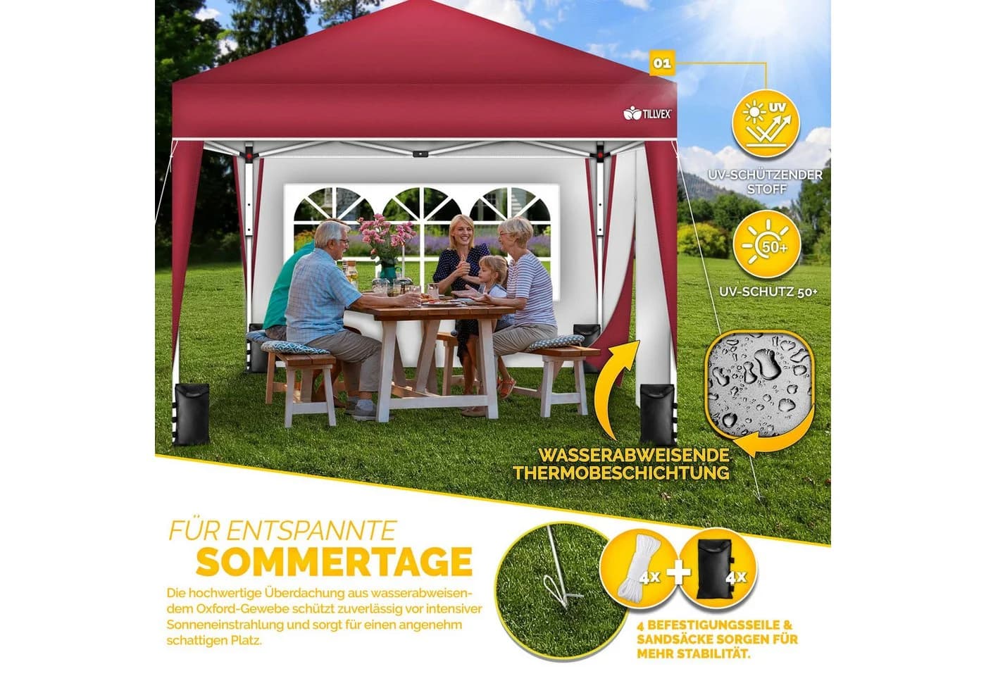 tillvex Pavillon 3x3m Wasserdicht UV50+ Rot - Bild 4