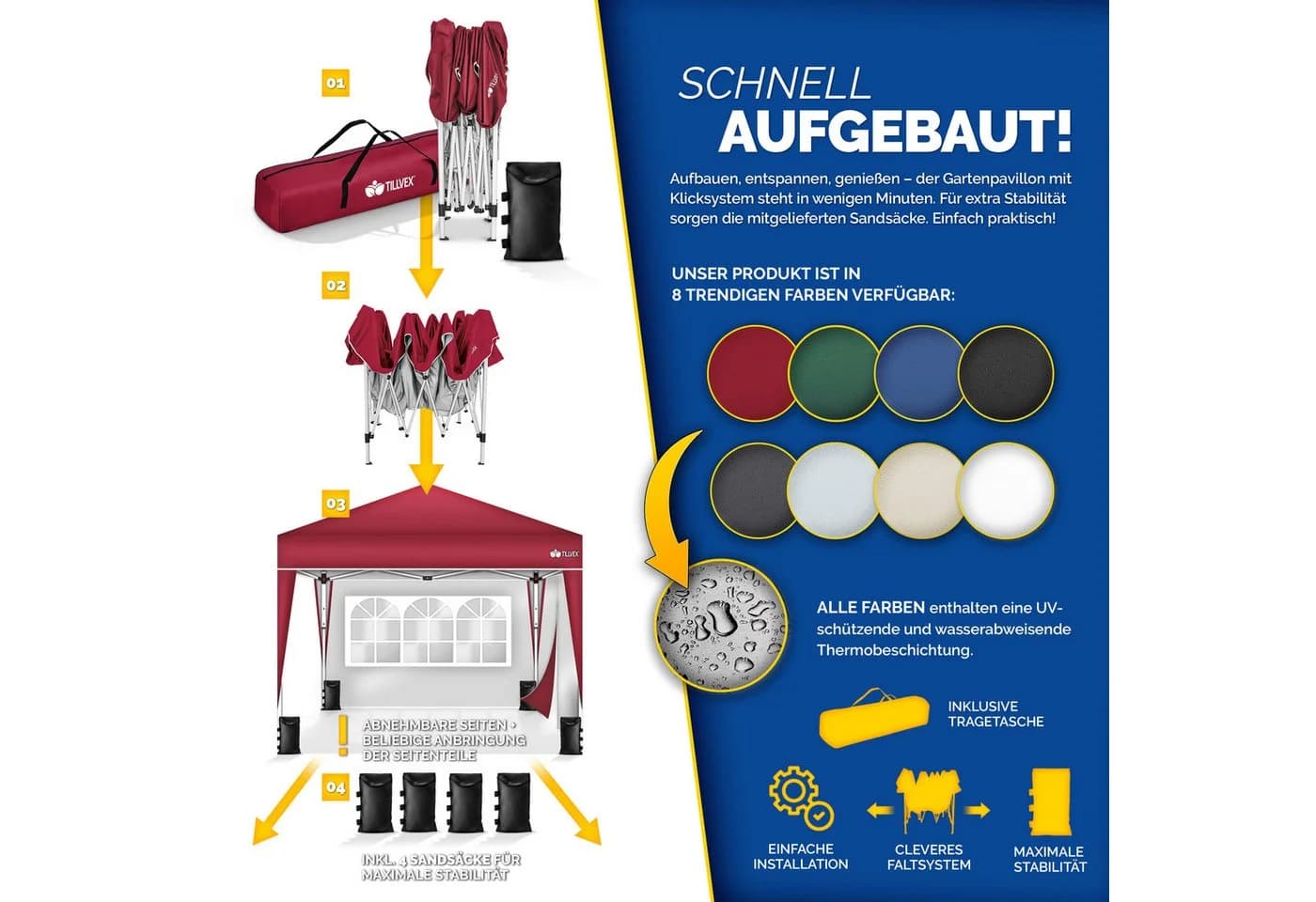 tillvex Pavillon 3x3m Wasserdicht UV50+ Rot - Bild 5