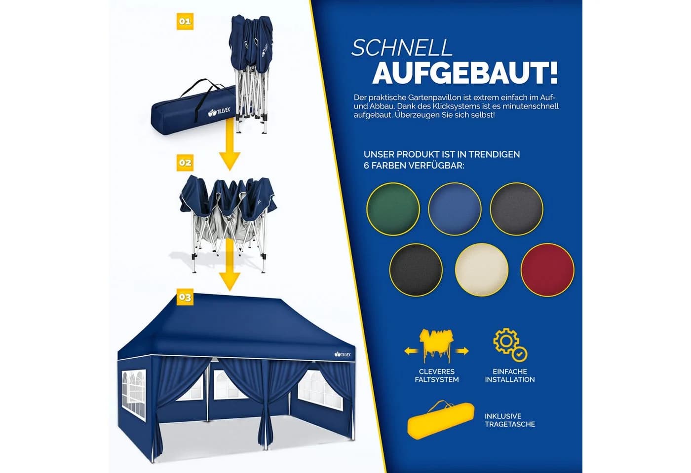tillvex Pavillon 3x6m Wasserdicht Blau UV-Schutz - Bild 4