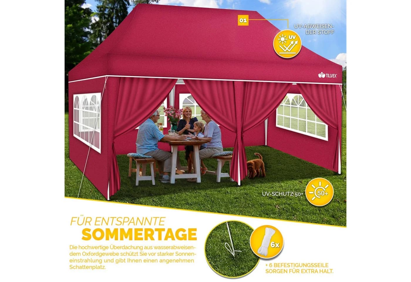 tillvex Pavillon 3x6m wasserdicht rot mit UV-Schutz - Bild 3