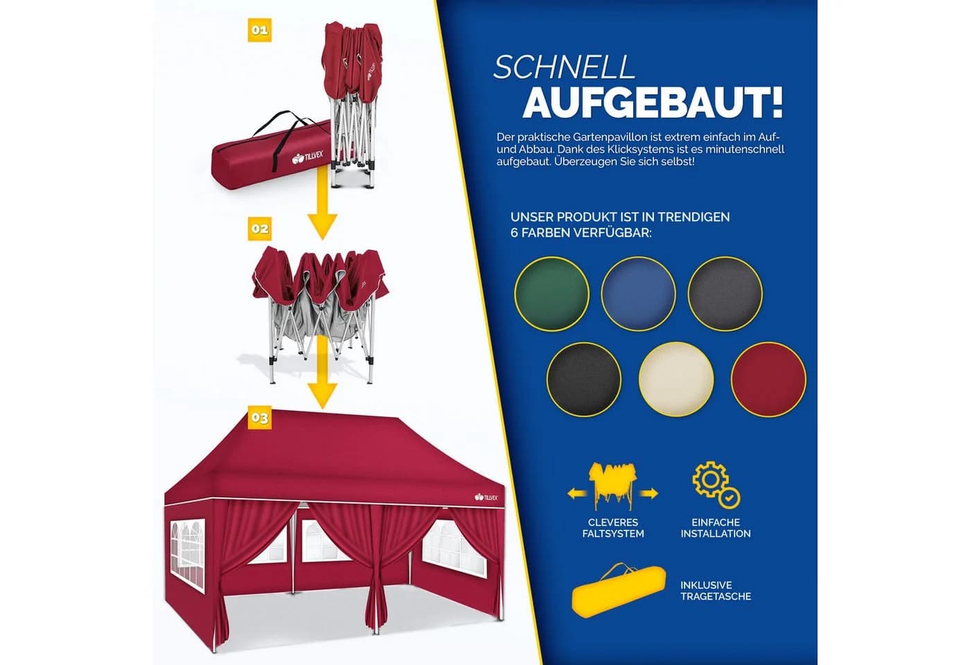 tillvex Pavillon 3x6m wasserdicht rot mit UV-Schutz - Bild 4