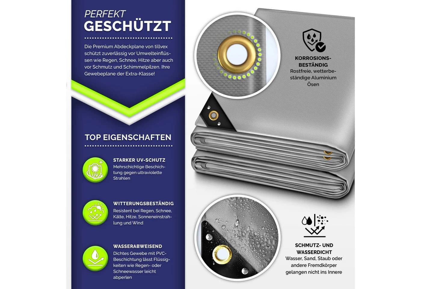 tillvex Abdeckplane Grau 650g/m² PVC mit Ösen, Haken & Seil