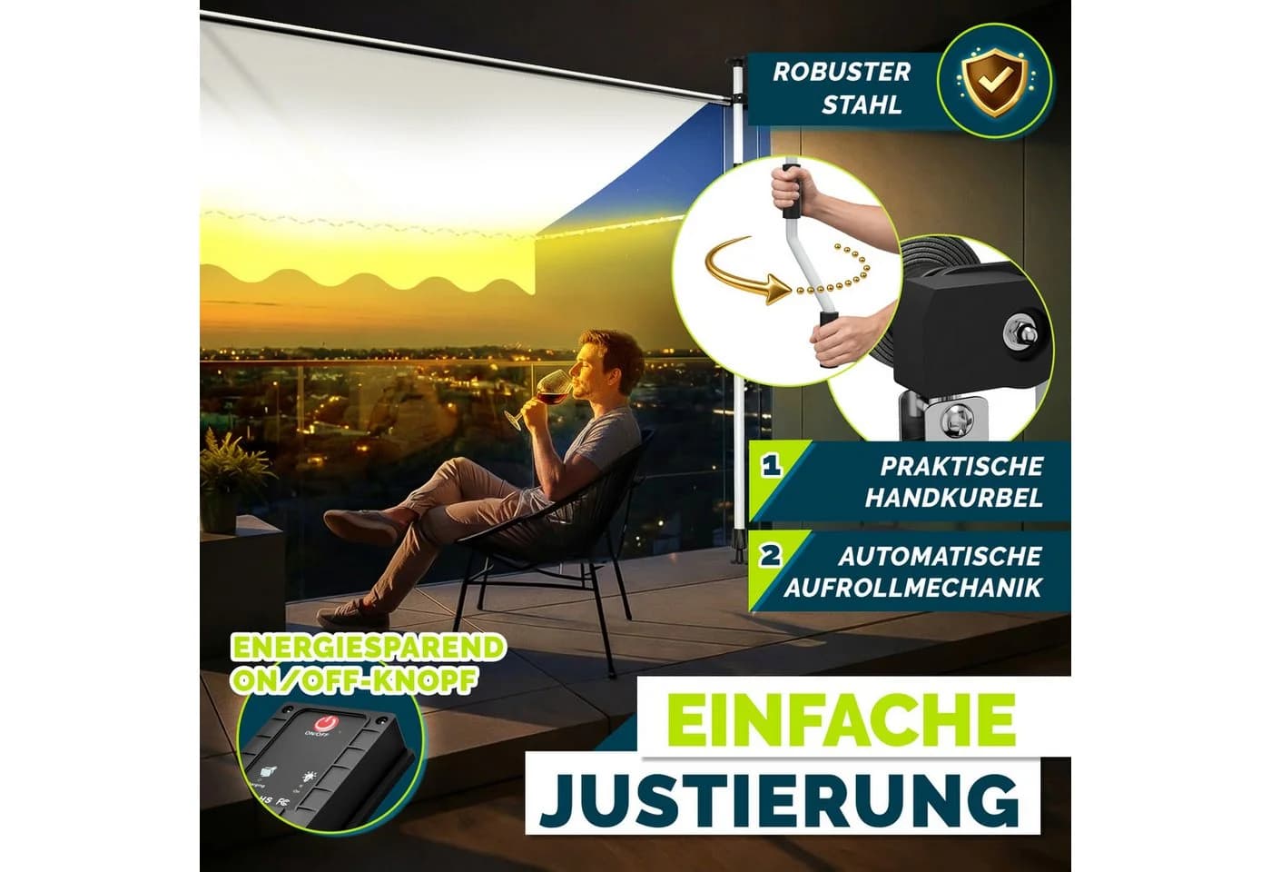 tillvex Klemmmarkise Beige mit LED-Lichterkette & Handkurbel - Bild 5