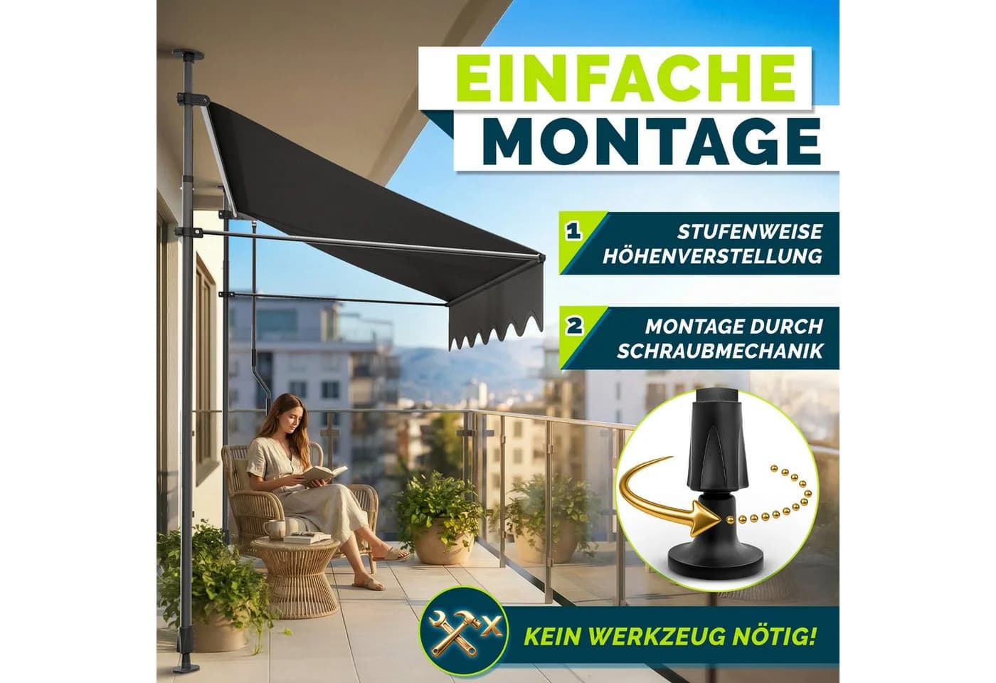 tillvex Klemmmarkise mit LED & Handkurbel Anthrazit - Bild 3