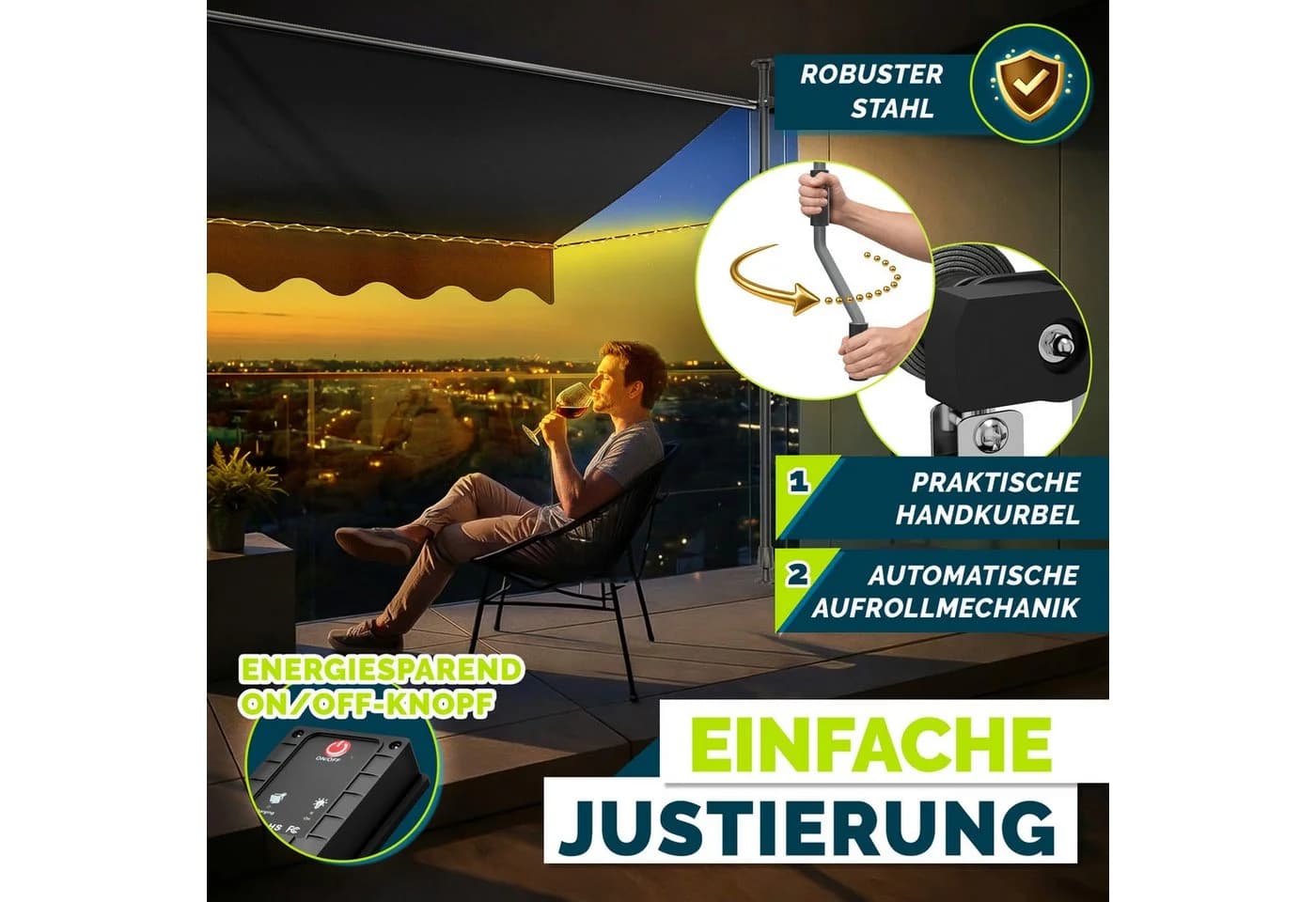 tillvex Klemmmarkise mit LED & Handkurbel Anthrazit - Bild 5