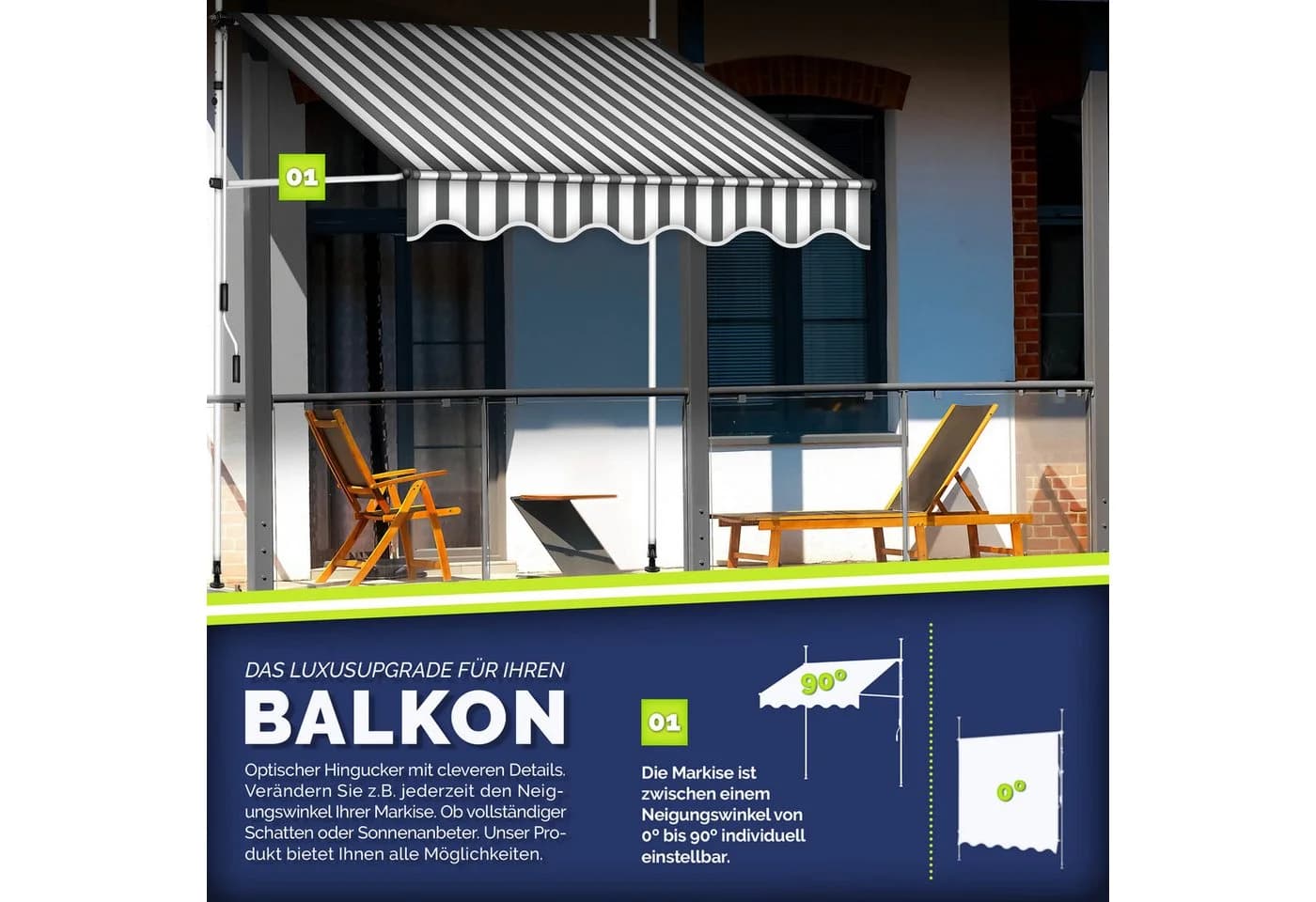 tillvex Klemmmarkise Balkon ohne Bohren mit LED & Handkurbel Grau/Weiß - Bild 3