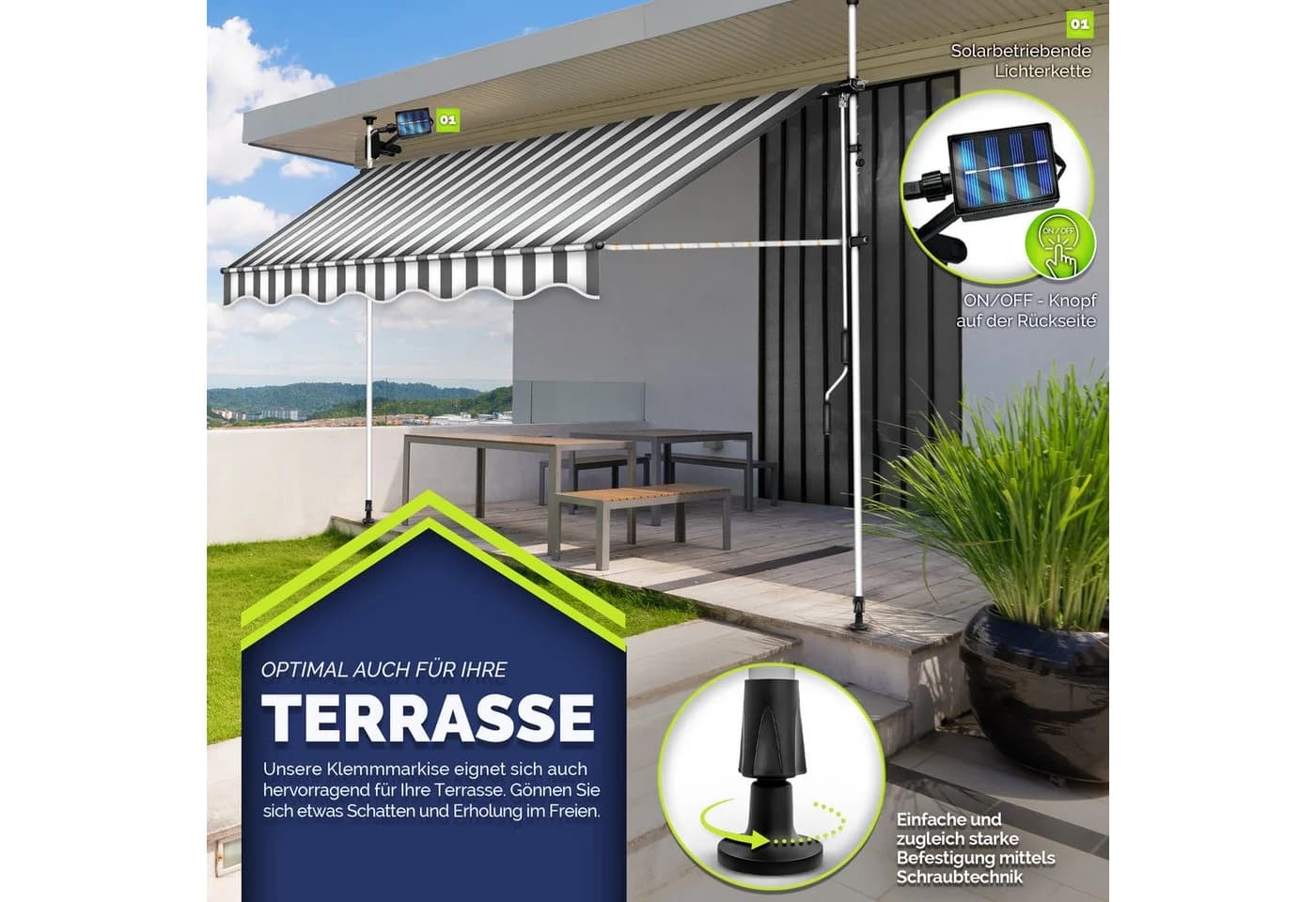 tillvex Klemmmarkise Balkon ohne Bohren mit LED & Handkurbel Grau/Weiß - Bild 4