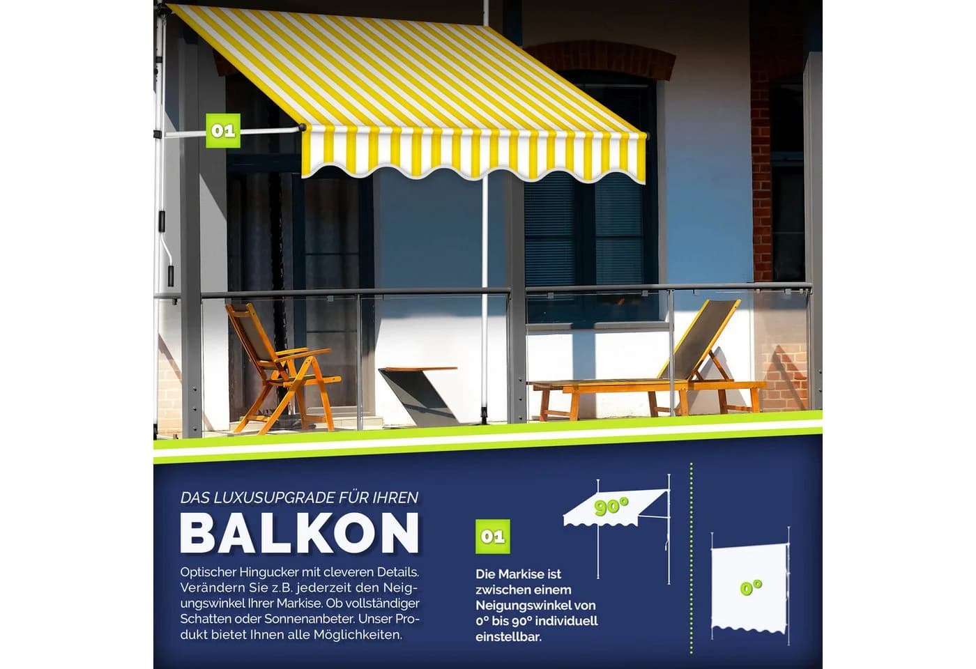 tillvex Klemmmarkise Balkon mit LED & Handkurbel Gelb/Weiß - Bild 3
