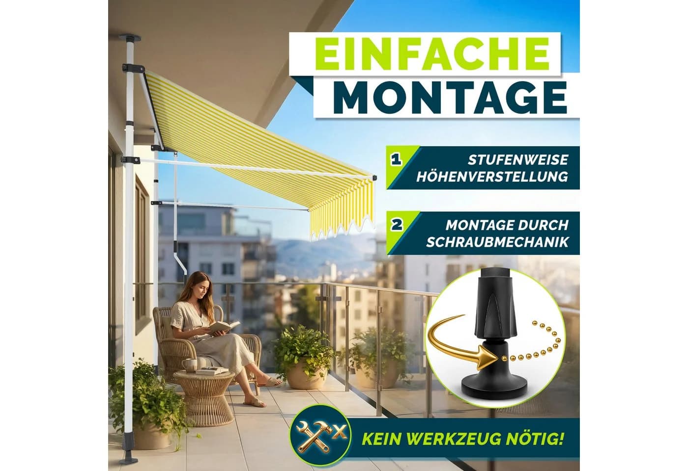 tillvex Klemmmarkise Balkonmarkise mit Handkurbel Gelb/Weiß - Bild 3