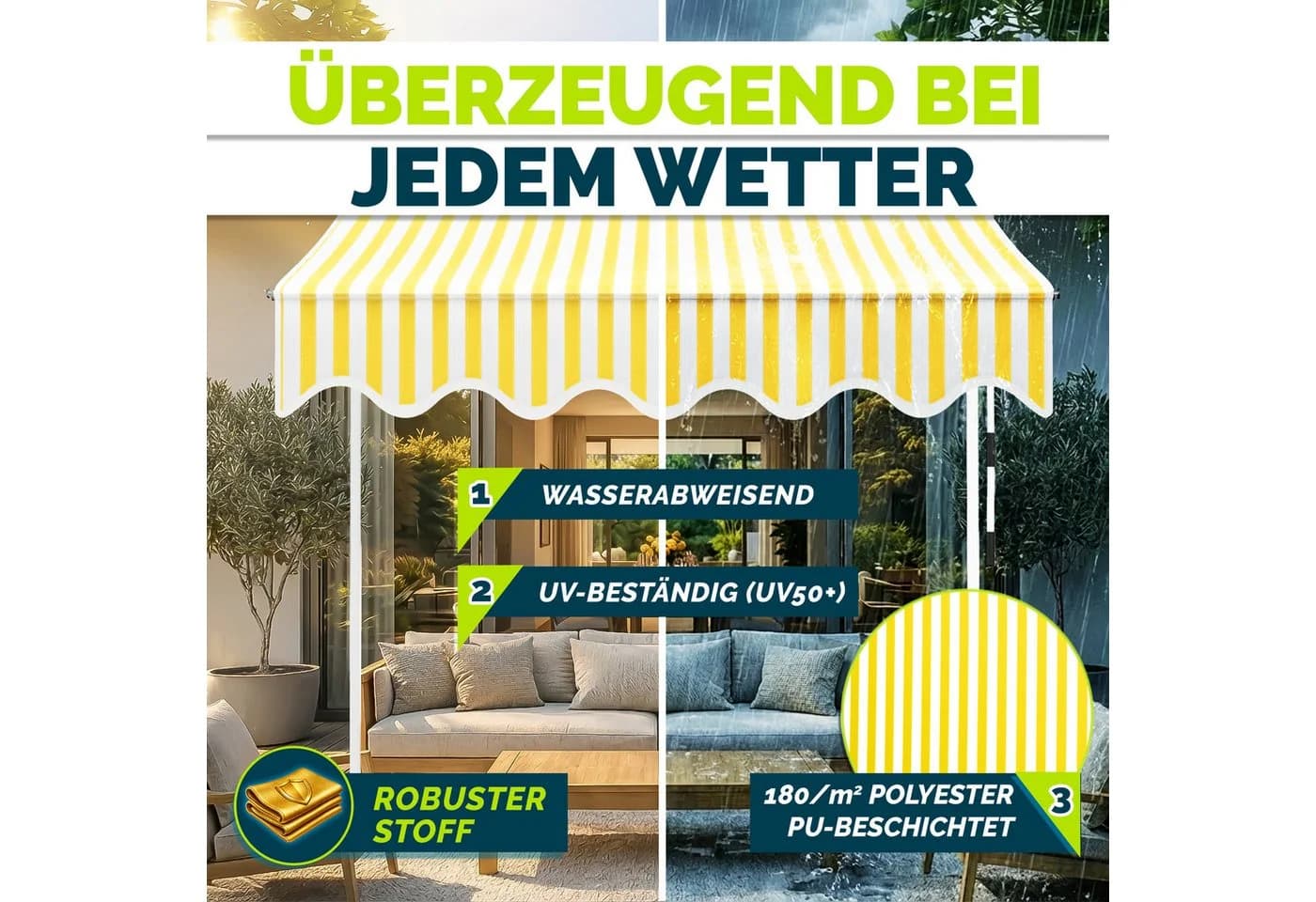 tillvex Klemmmarkise Balkonmarkise mit Handkurbel Gelb/Weiß - Bild 4