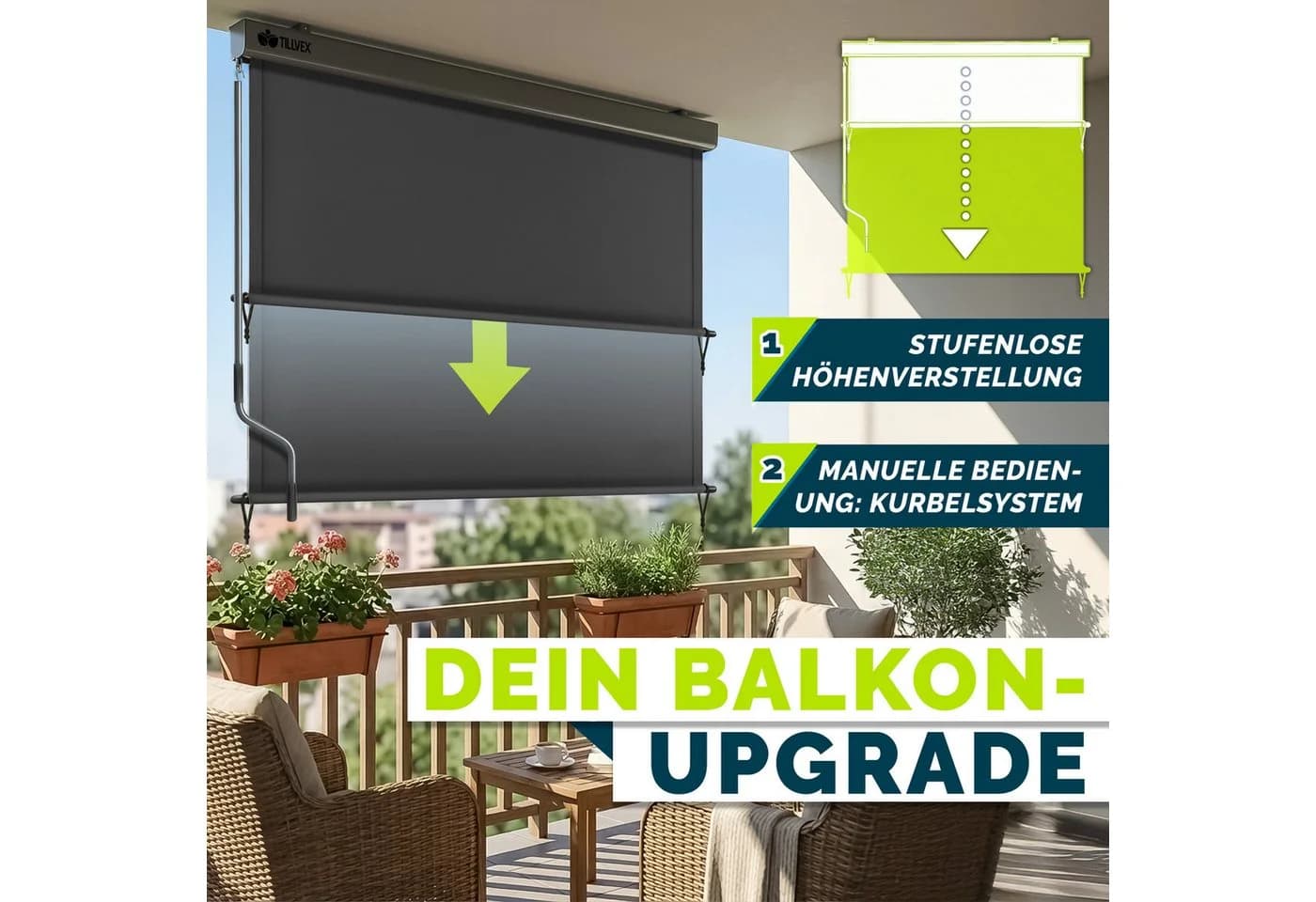 tillvex Senkrechtmarkise Anthrazit Aluminium Außenrollo mit Handkurbel