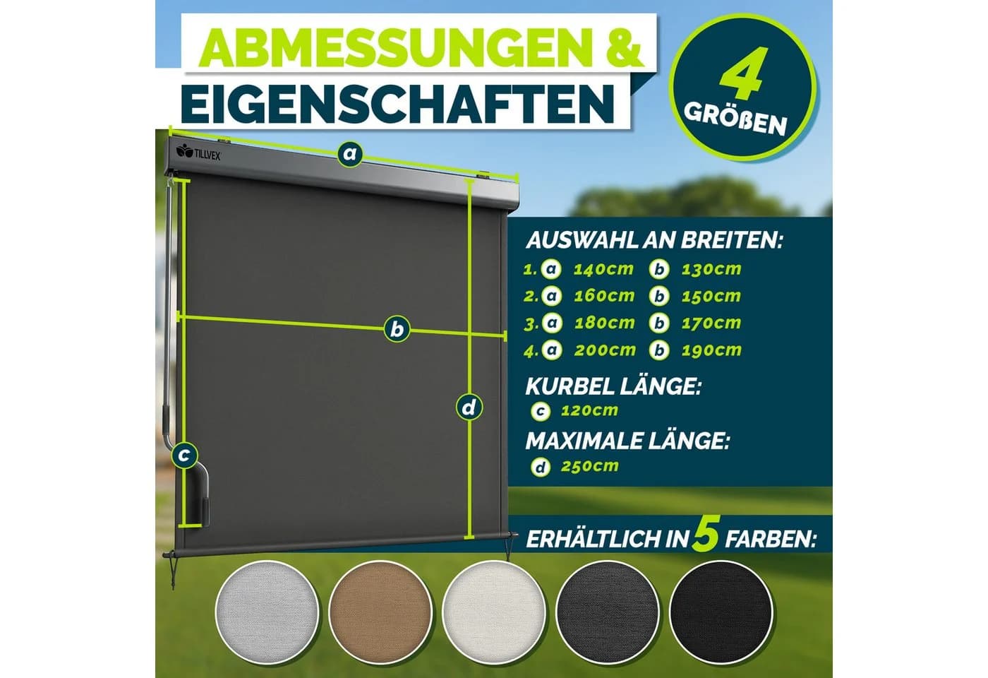 tillvex Senkrechtmarkise Anthrazit Aluminium Außenrollo mit Handkurbel - Bild 4