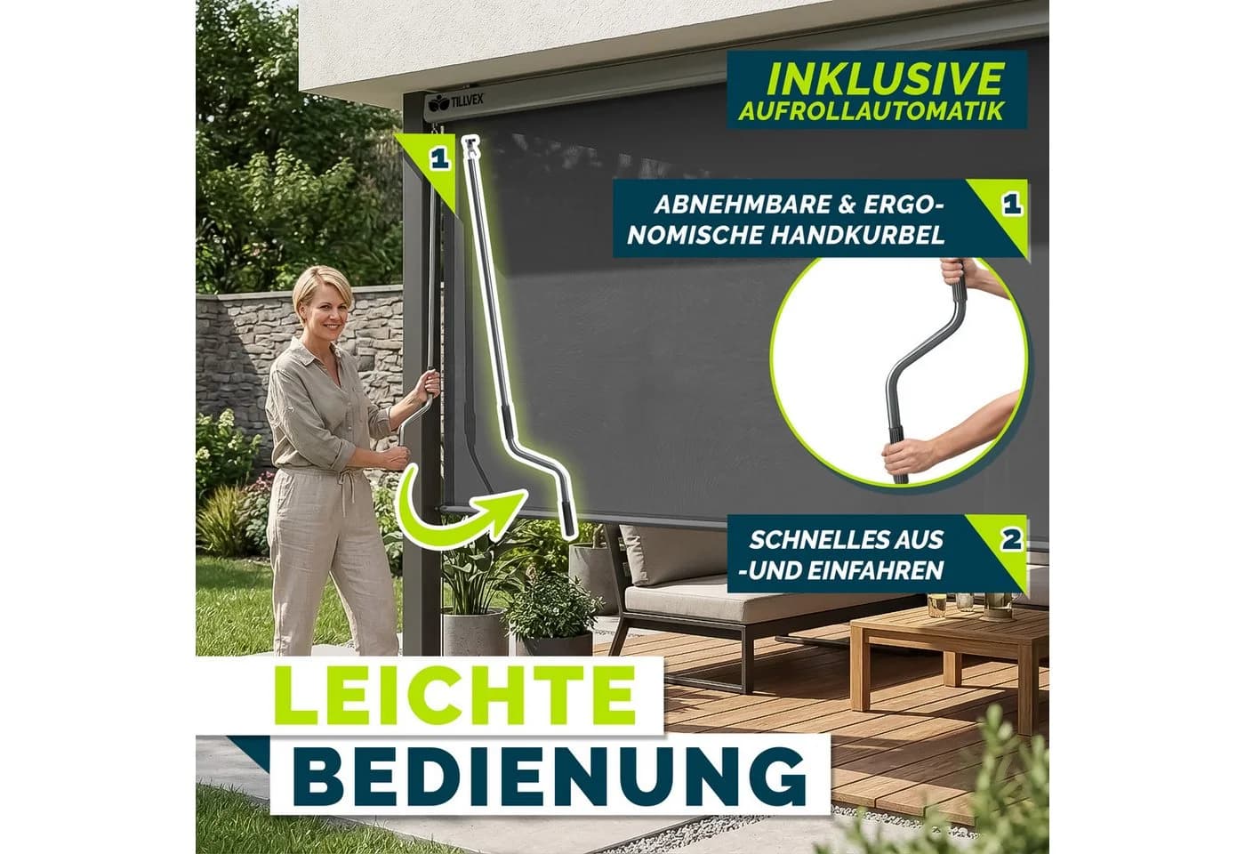 tillvex Senkrechtmarkise Anthrazit Aluminium Außenrollo mit Handkurbel - Bild 5