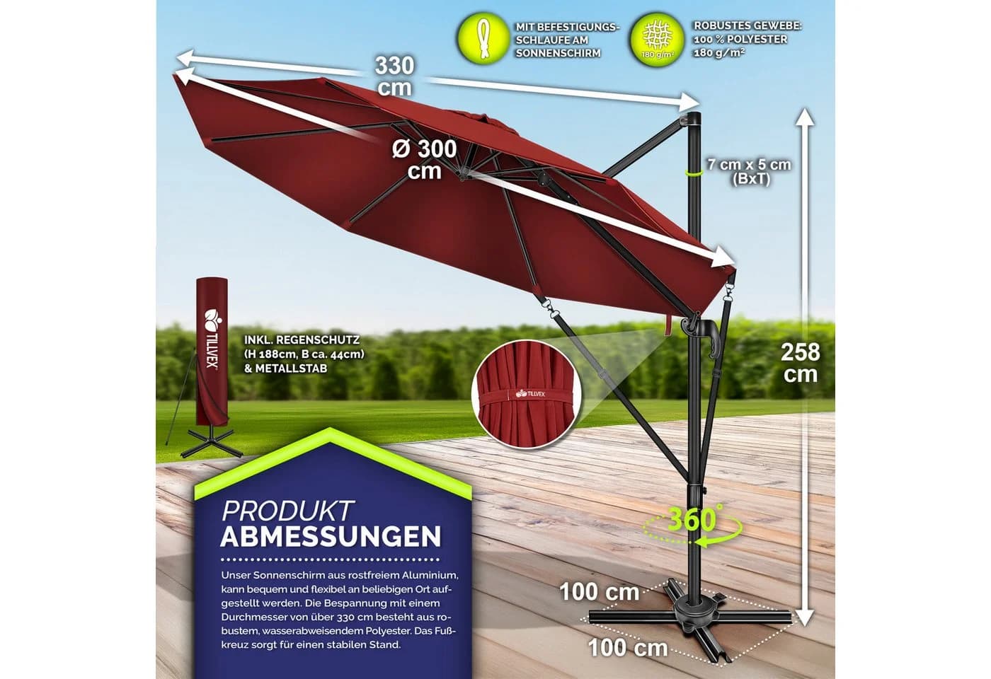 tillvex Premium Sonnenschirm 330 cm Rot mit Abdeckung - Bild 5