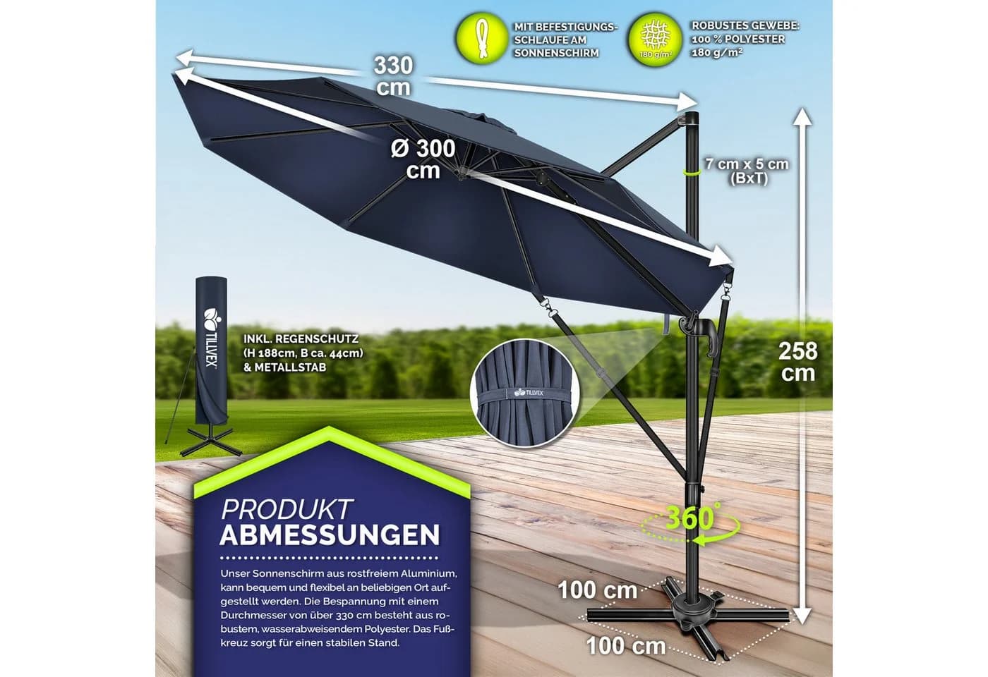 tillvex Premium Alu Sonnenschirm 330 cm blau mit Abdeckung - Bild 5