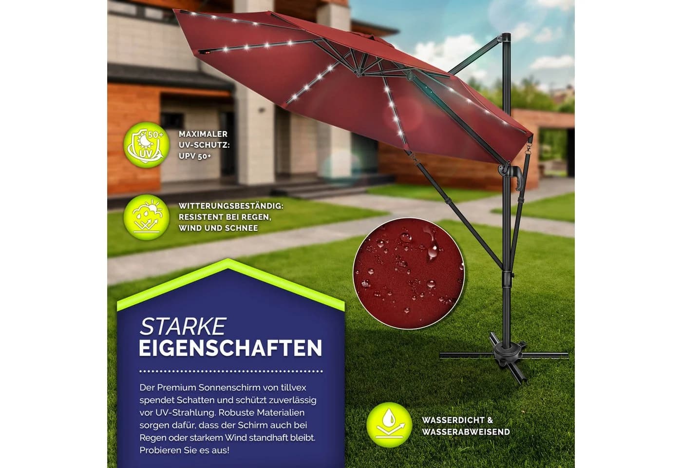tillvex LED Sonnenschirm 330 cm Rot Aluminium 360° Drehbar